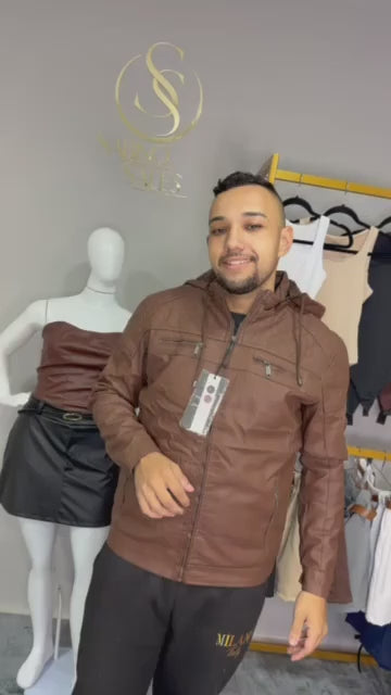 Jaqueta Couro Masculina Slim Forrada Com Capuz Removivel